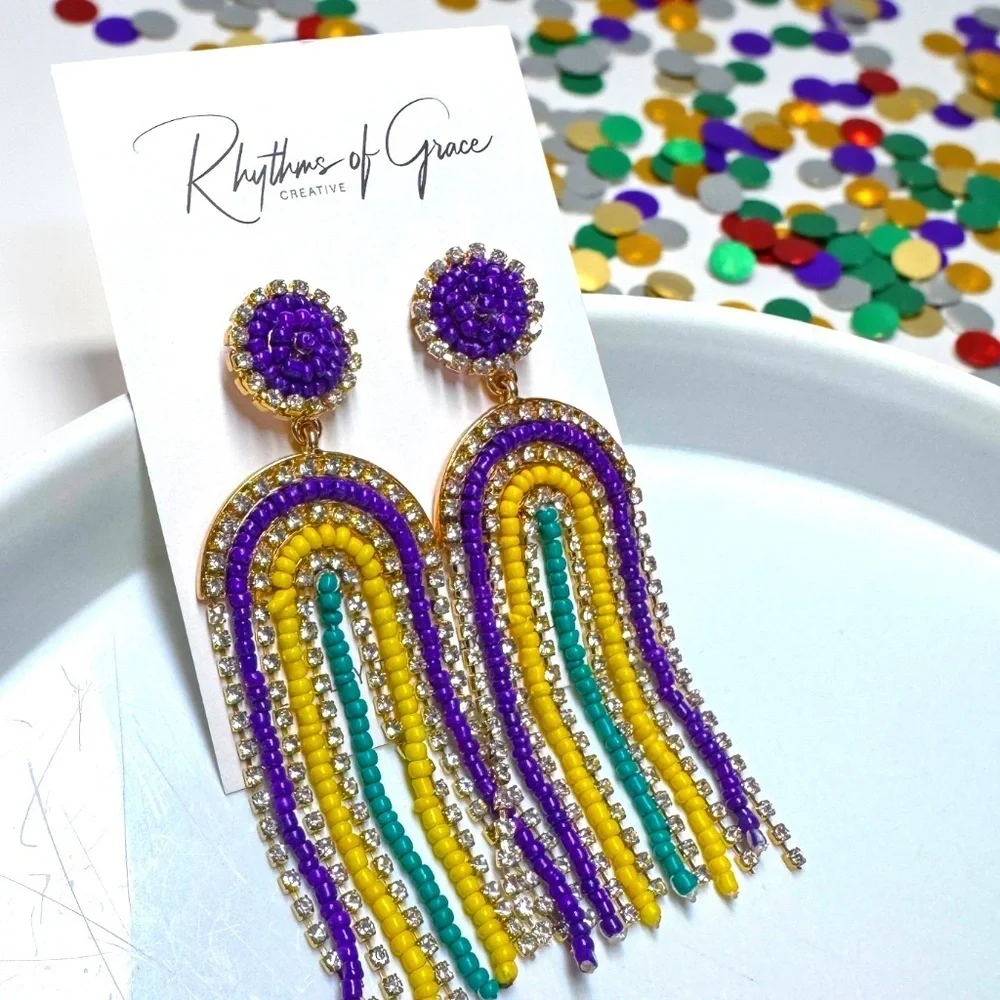 Mardi Gras Beaded & Rhinestone Earrings,  Purple Green Gold Statement Jewelry